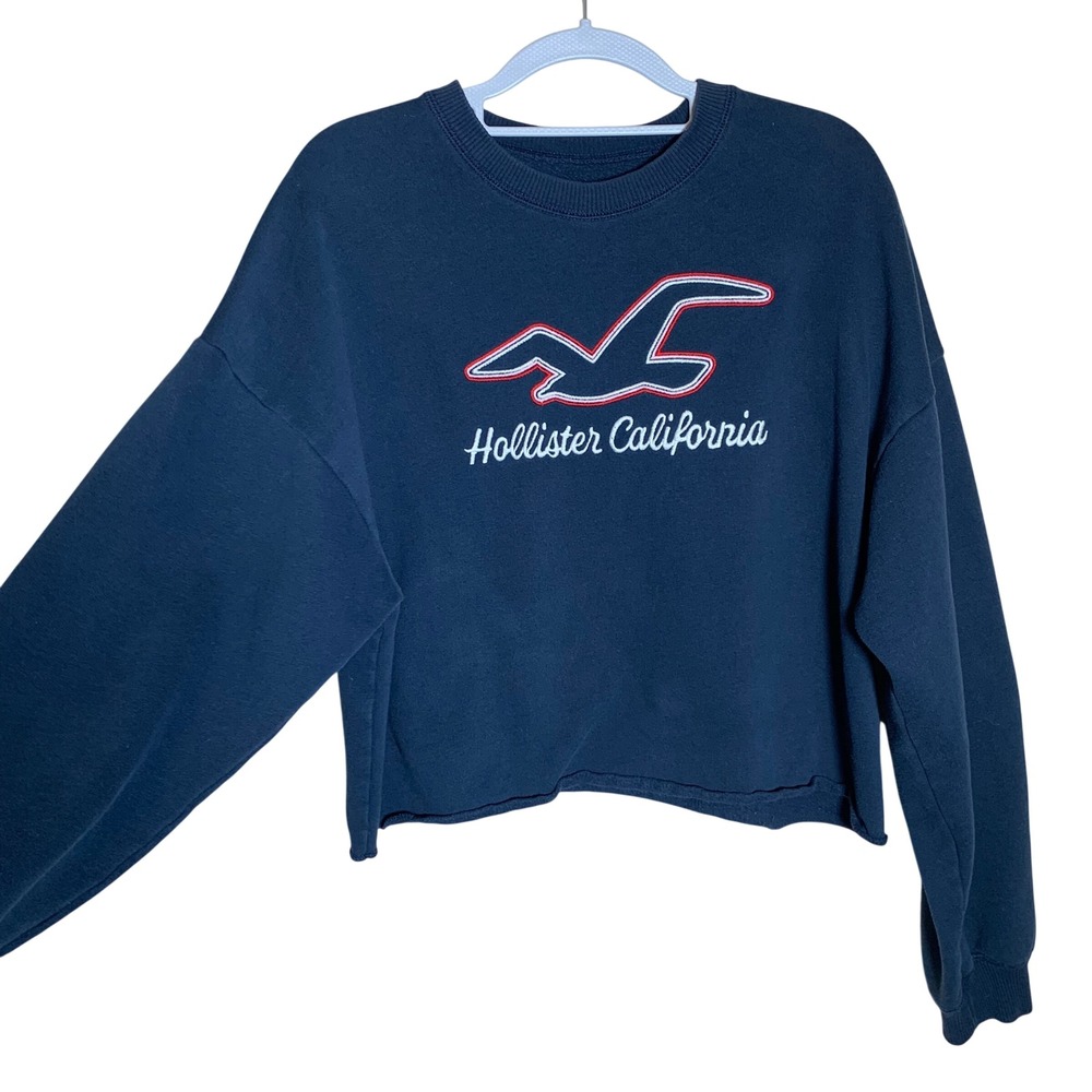 Hollister Sweatshirt Women Large‎ Navy Blue Excellent Cropped Logo Crewneck